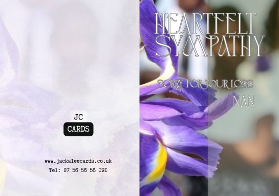JC 0032 Cover design featuring purple flowers with the text "Heartfelt Sympathy" and contact details.