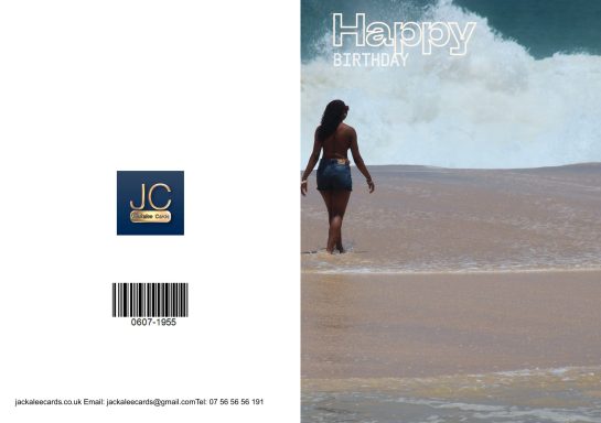 A woman walks along a beach with waves crashing nearby, titled "Happy."