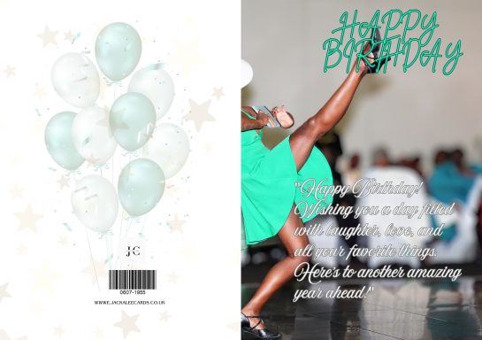 Birthday celebration with turquoise balloons and dynamic dancing figure. Happy birthday text.