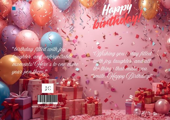 Colourful balloons and neatly wrapped presents with confetti and a birthday greeting.