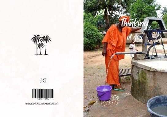 Person in orange clothing collecting water from a well, with palm trees in the background.