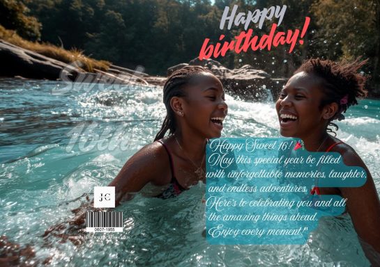 Two women laughing in a river, surrounded by nature, with a birthday message.
