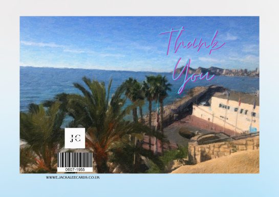 Seaside view with palm trees and a "Thank You" text overlay.