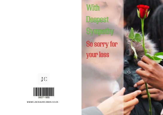 A close-up of hands holding a rose, with a red and green text background.
