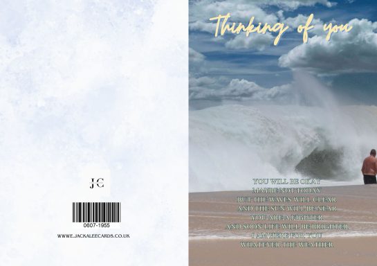 A man stands on a beach, facing a large wave under a cloudy sky, with "Thinking of You" text above.