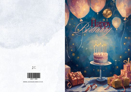 A birthday card design featuring a cake, gifts, balloons, and "Happy Birthday" text.