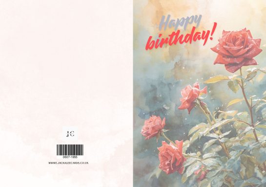 Birthday card design featuring red roses and the text "Happy Birthday!" on a soft background.