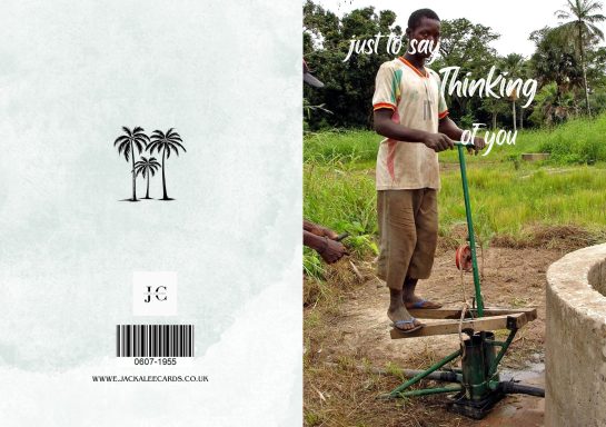 A person using a hand pump in a green landscape with palm trees in the background.