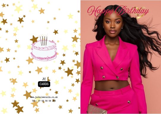JC 0022 A glamorous birthday card featuring gold stars and a pink cake with a woman in a pink suit.
