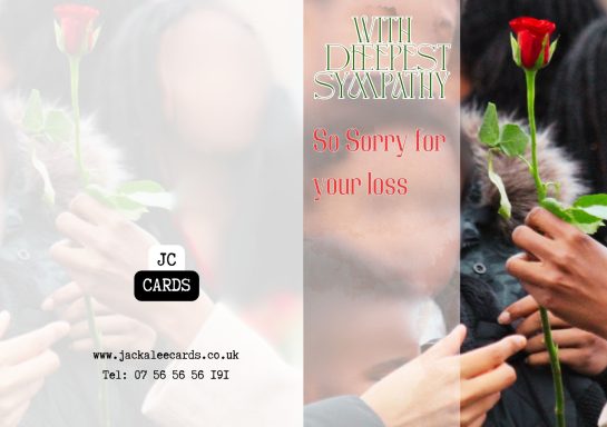 JC 0037 Two hands holding a single red rose, with a card that reads "So sorry for your loss."