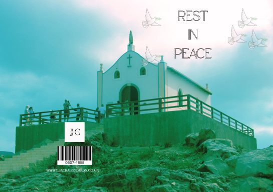 A serene chapel on a hill with the text "REST IN PEACE" above it.