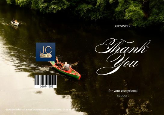 Two people in a kayak on a river, surrounded by lush greenery and a thank you message.