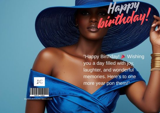 A woman in a blue dress and large hat celebrates a birthday with a joyful expression.