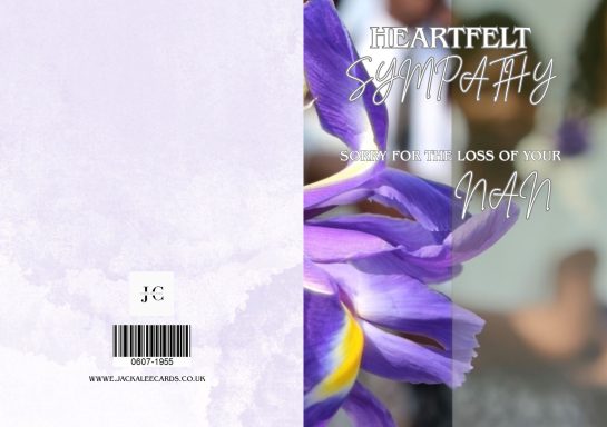 Purple iris flower with a soft, blurred background and a barcode on the right.