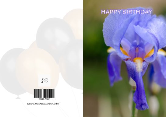 A vibrant blue iris flower with "Happy Birthday" text above it.
