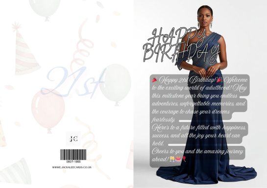 A woman in an elegant dark blue dress celebrates a birthday, with festive decorations in the background.