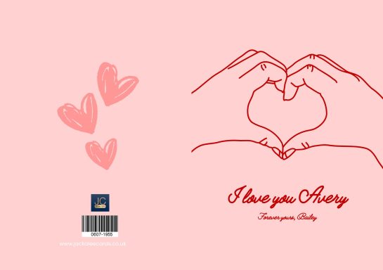 Two hands forming a heart shape with pink hearts and "I love you Avery" text.