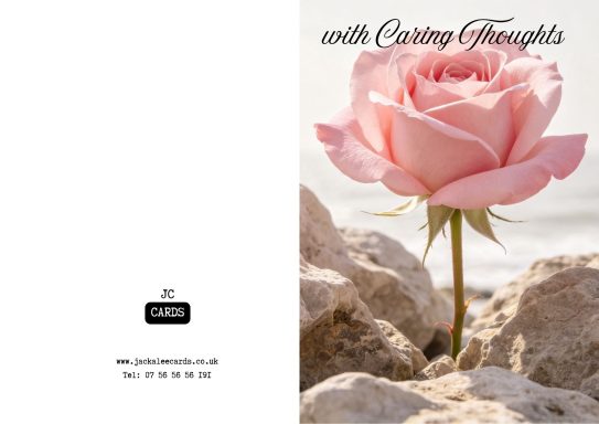 JC 0056 A pink rose growing among rocks by the seaside with the text "with Caring Thoughts."
