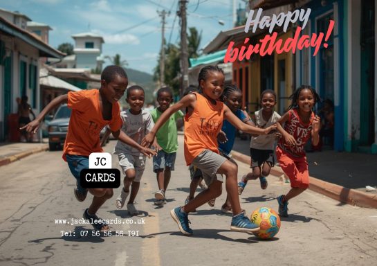 JC 0012 Children running and playing football on a vibrant street, celebrating a birthday.