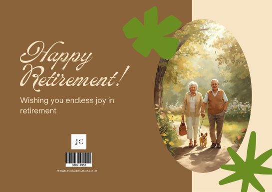 Elderly couple walking together, surrounded by greenery, with a retirement message.