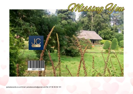 A tranquil garden scene with a house and greenery, featuring a "Missing You" message.