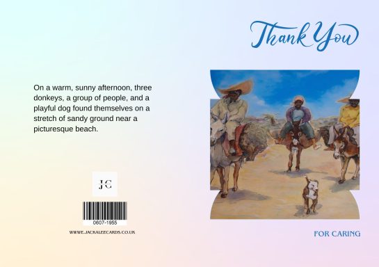 Three people on horses, accompanied by a dog, near a beach on a sunny afternoon.