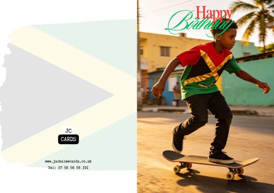 JC 0020 A young boy skateboarding in a vibrant Jamaican-themed outfit on a sunny street.