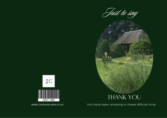 A rustic cabin surrounded by greenery with a "Thank You" message.