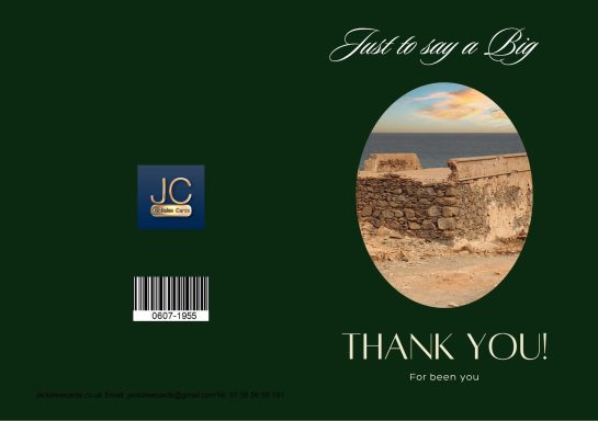 A thank you card with a coastal scene and a decorative logo on a dark green background.