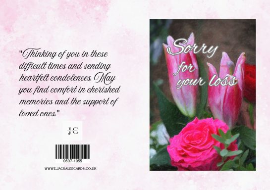 Pink tulips and roses with text reading "Sorry for your loss."