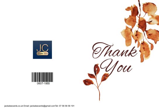 A thank you card featuring autumn leaves and a decorative logo.
