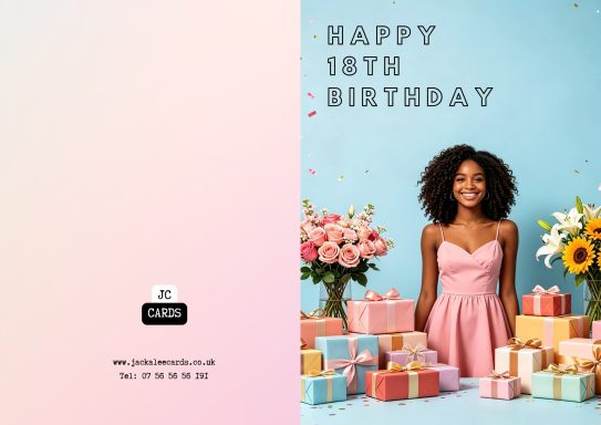 JC 0030 A young woman in a pink dress celebrates her 19th birthday among colourful gifts.