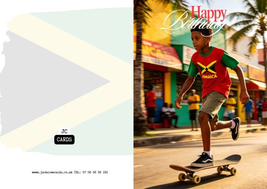 JC 002 Child skateboarding on a vibrant street, wearing a colourful shirt, with palm trees nearby.