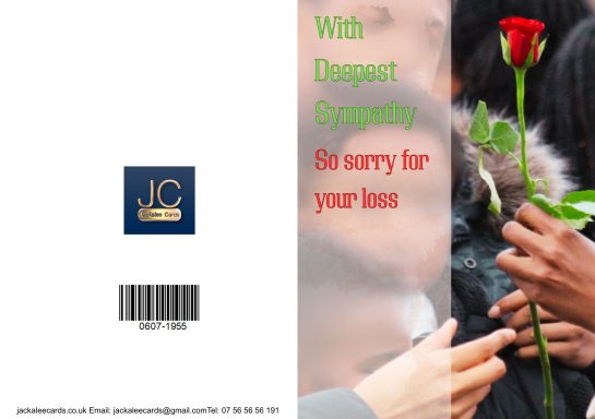 A person holding a red rose with a greeting card that expresses sympathy.