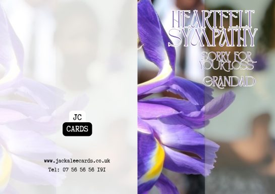 JC 0033 A purple iris with "Heartfelt Sympathy" text for condolence cards.