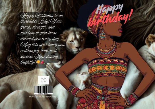 A woman in traditional attire celebrates a birthday, surrounded by lions.