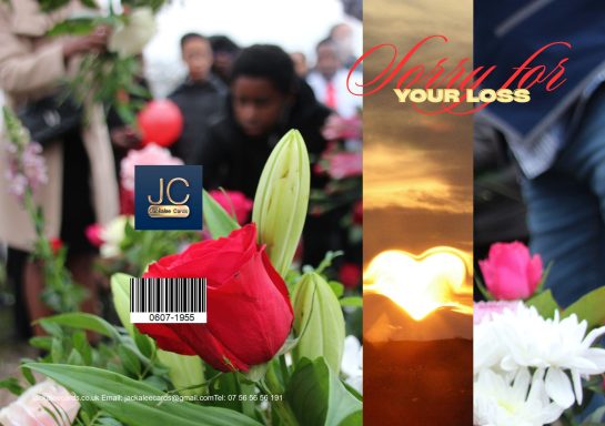 Red roses among mourners, with a sunset in the background and text overlay.