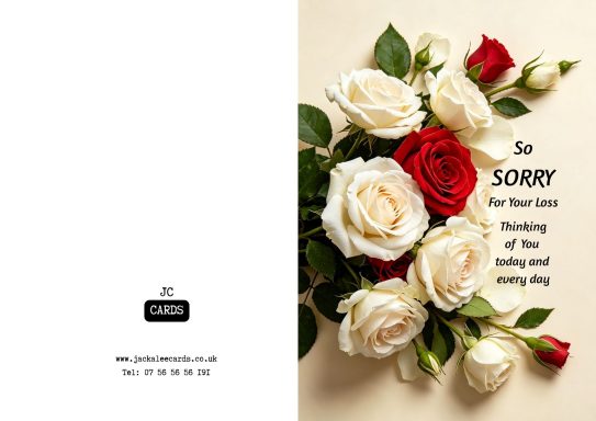 JC 0054 Bouquet of white and red roses with the caption "So Sorry for Your Loss."