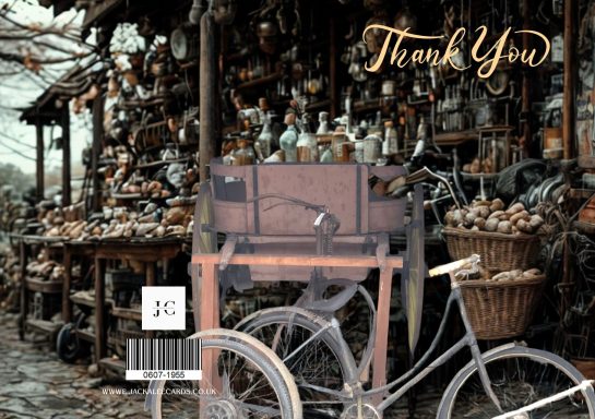 A vintage bicycle stands in front of a rustic shop filled with various bottles and items.