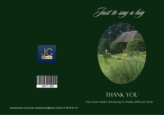 A thank you note featuring a cottage surrounded by greenery.