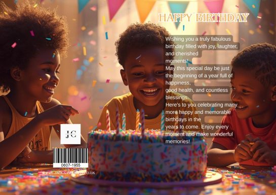 Three children smiling joyfully at a birthday cake adorned with colourful candles and confetti.