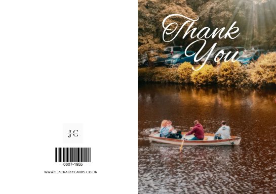 Four people in a boat on a calm river, surrounded by autumn foliage, with "Thank You" text.