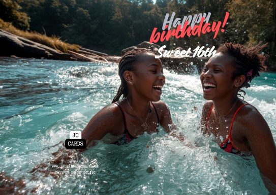 JC 0024 Two friends laughing and splashing in a river, with a birthday message overlay.