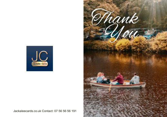 Thank you card featuring a serene lakeside scene with two people in a boat.