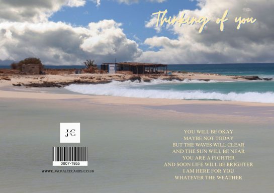 A serene beach scene with gentle waves and a distant coastline under a bright sky.