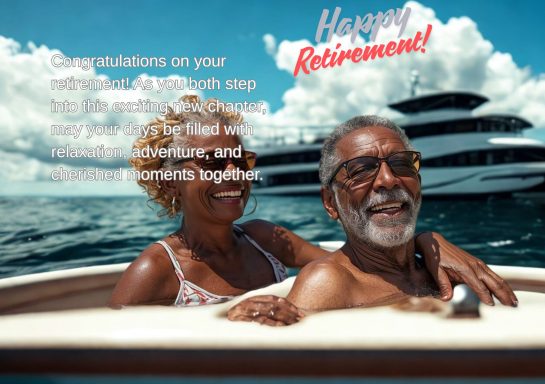 Happy, retired couple enjoying time together on a boat, smiling against a scenic backdrop.