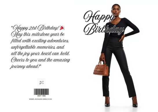 A woman in a black outfit holds a handbag with a birthday message beside her.