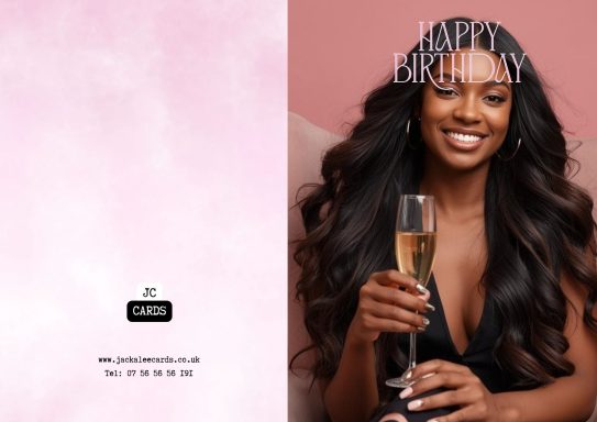 JC 0014 Smiling woman with long hair holding a champagne glass, celebrating a birthday.