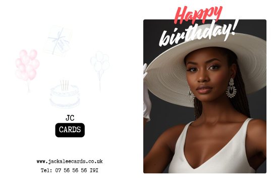 JC 004 A woman in a white dress and wide-brimmed hat, smiling, with a birthday message.