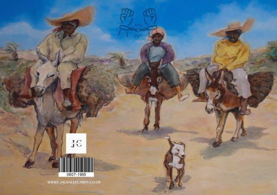 Three individuals on horseback in a rural landscape, with a dog walking alongside.